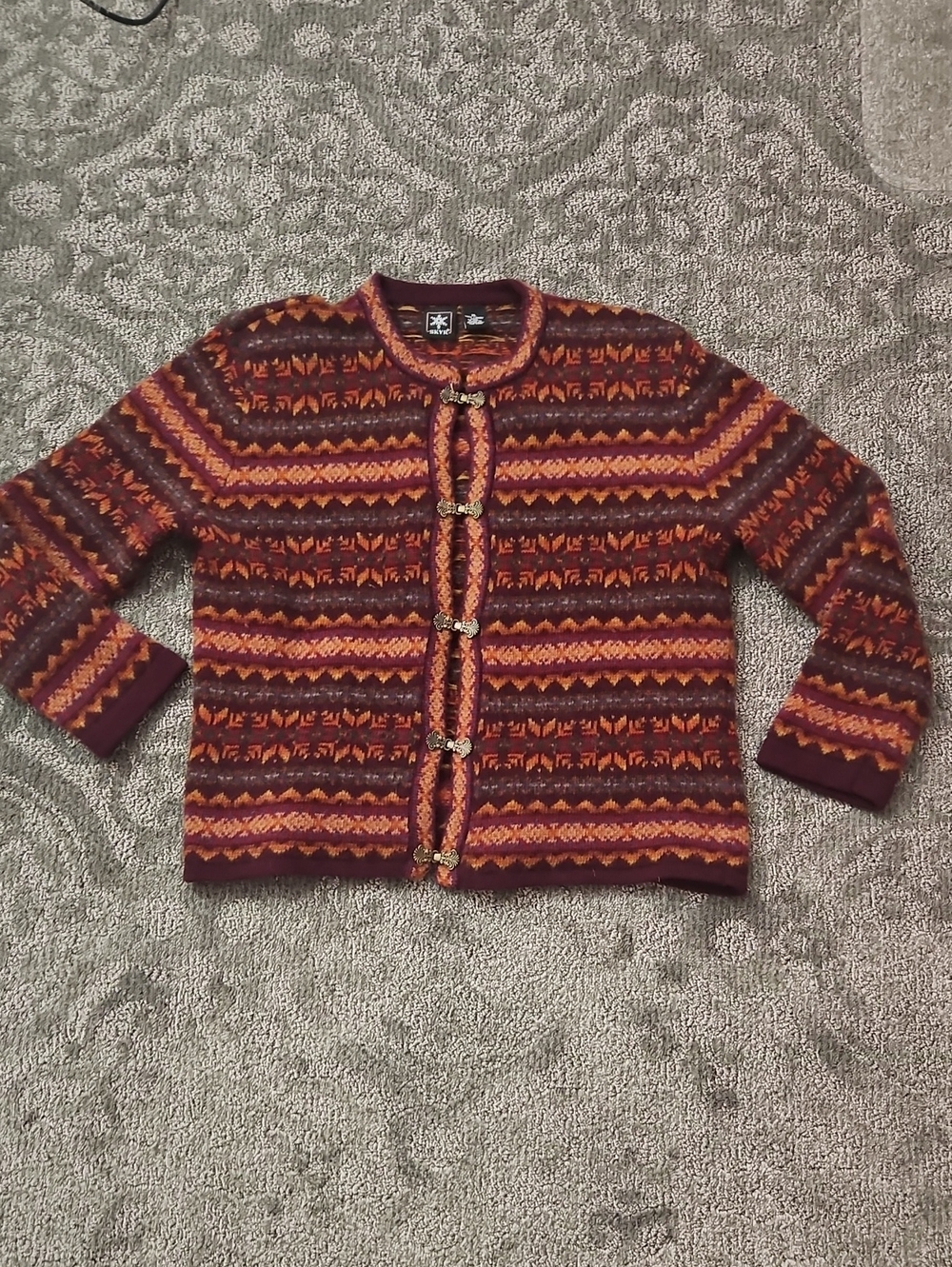 SKYR Australia 100% Wool Sweater-Maroon Red Orange-Ornate Brass-Tone Clasp XL